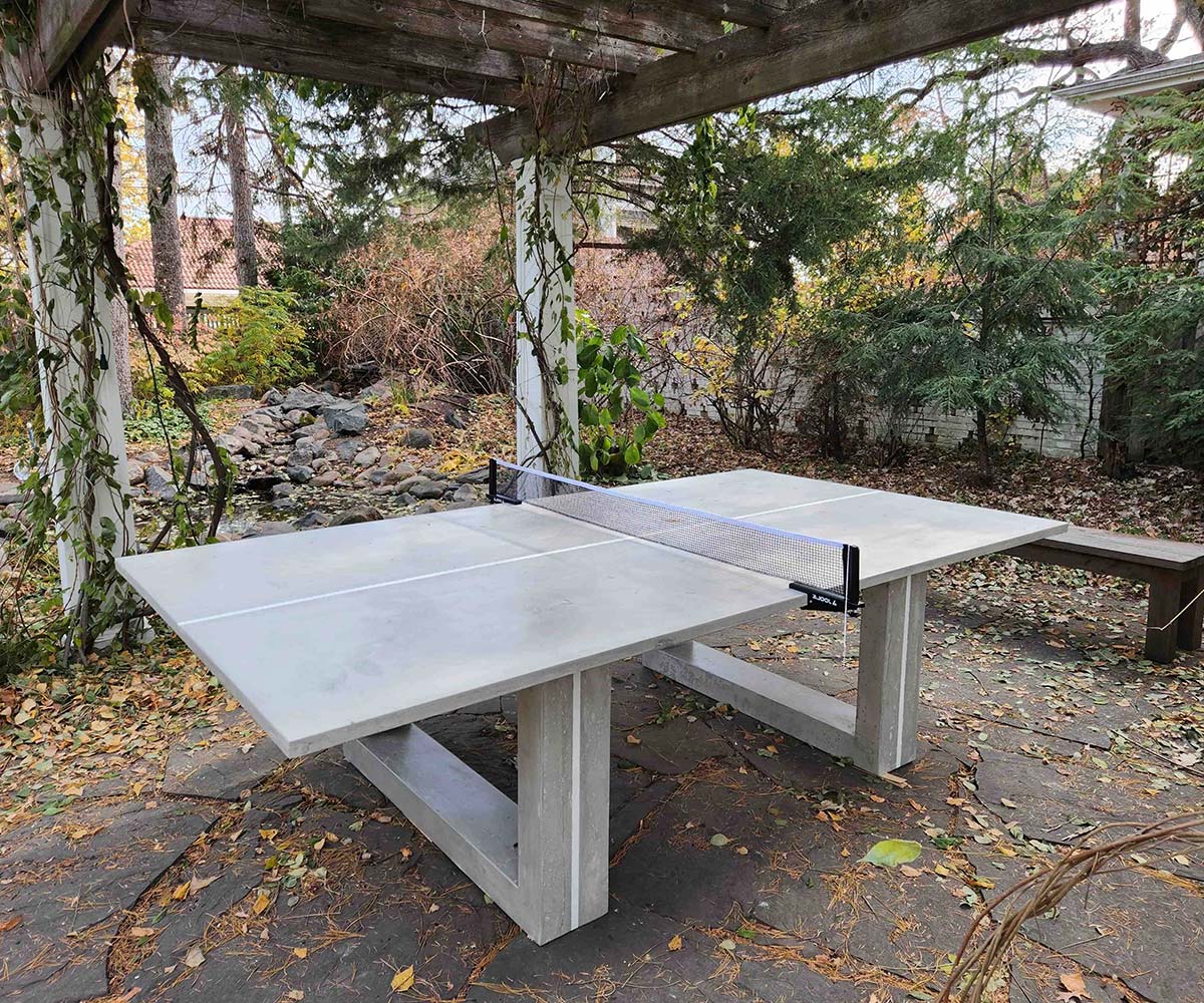 A custom concrete ping pong table