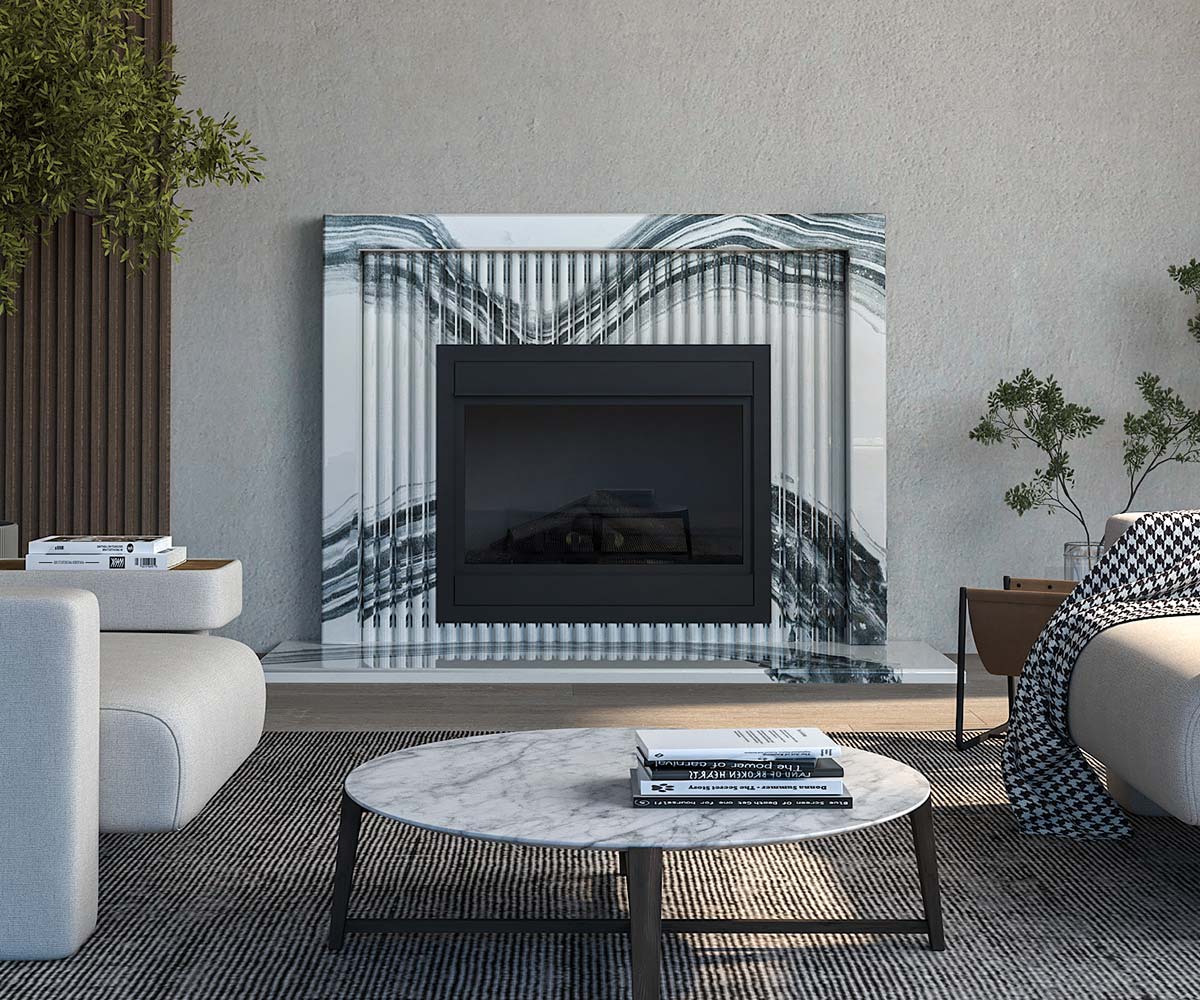 The Chronicles fireplace surround in the Gratitude pattern