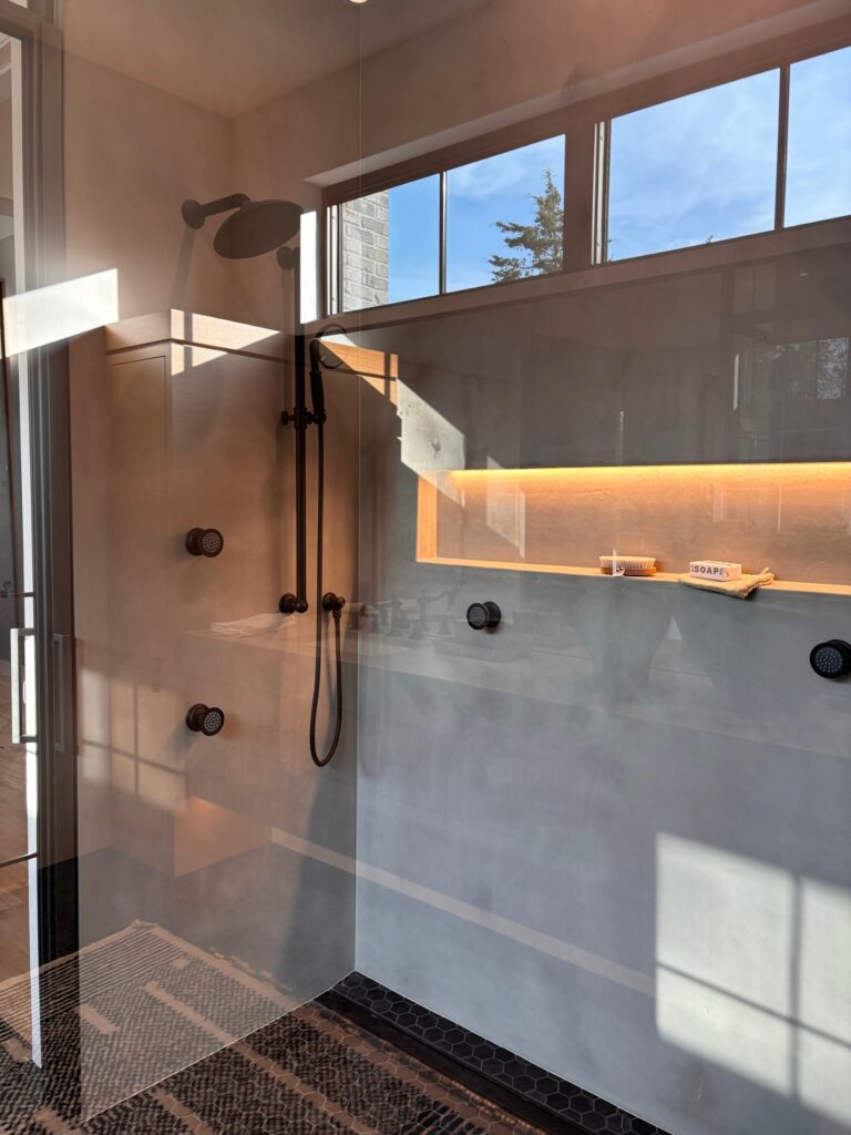 Concrete shower panels with integrated LED light