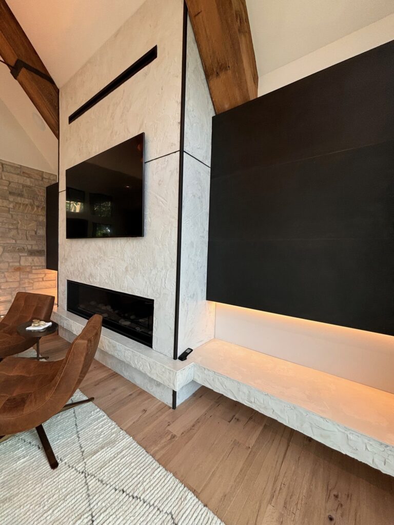 Textured concrete fireplace surround