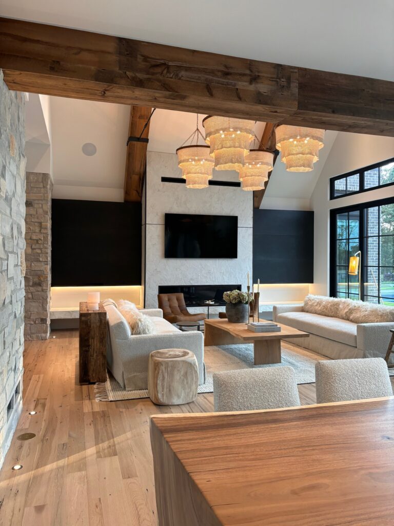 Textured concrete fireplace surround