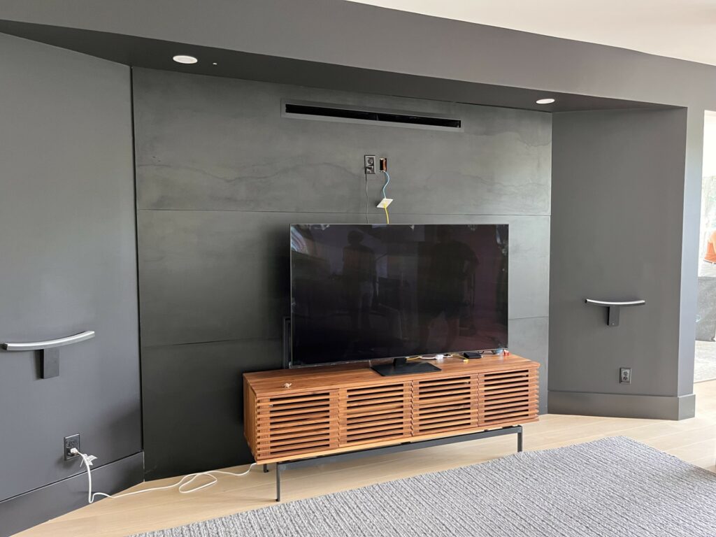 Black concrete fireplace surround
