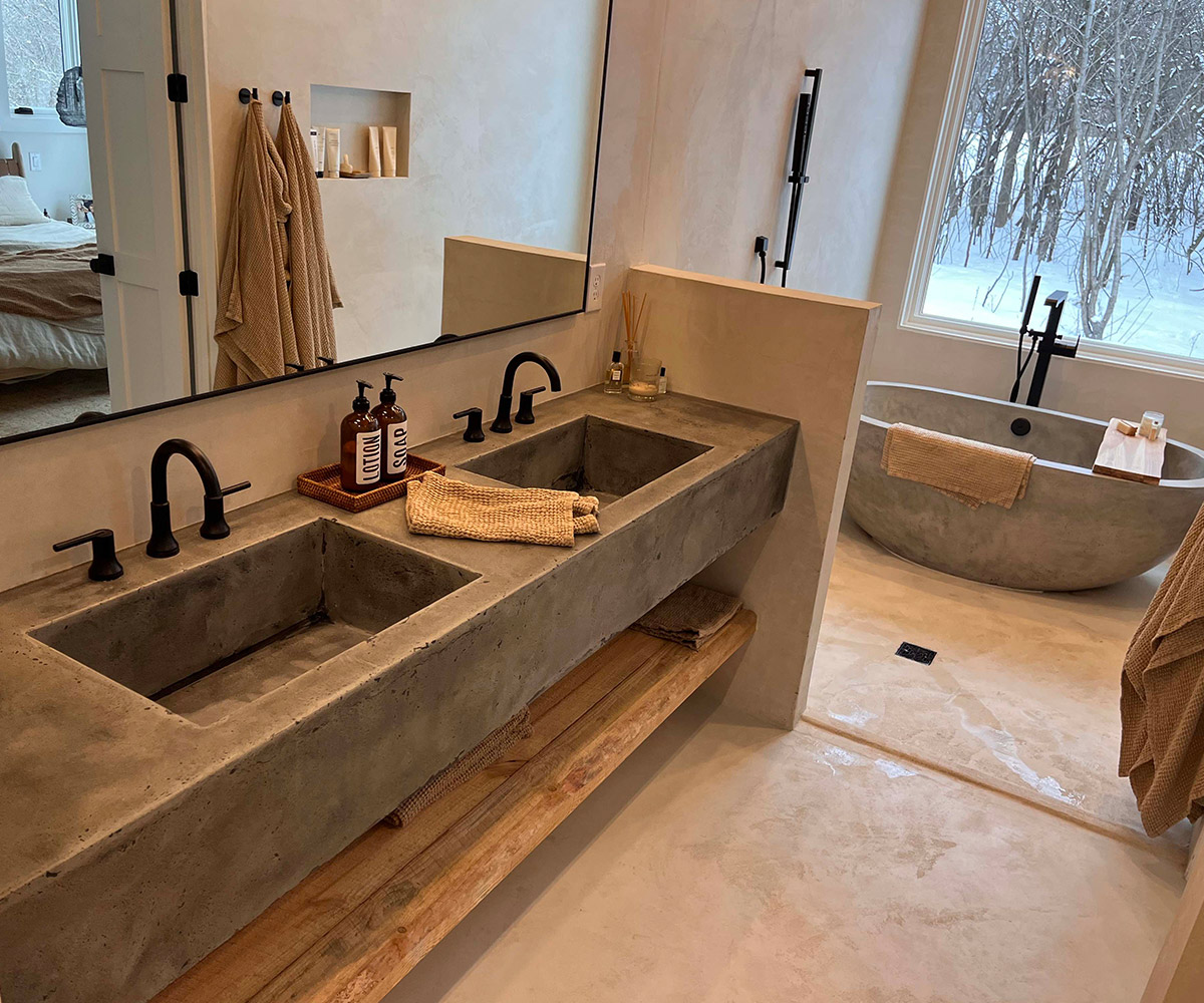 A concrete bathroom vanity in the Honesty pattern